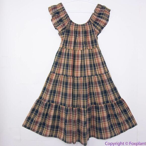NEW Madewell Flutter-Sleeve Tiered‎ Midi Dress in Plaid, M - Picture 3 of 16